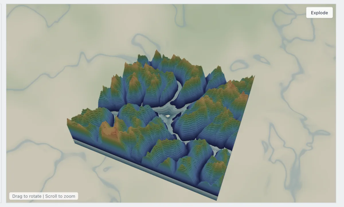Interactive 3D preview of a custom topography map in Map Designer